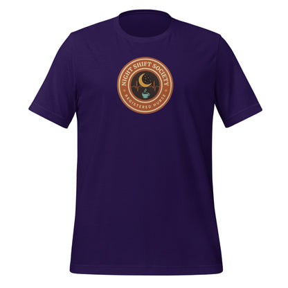 Night Shift Society retro registered nurse badge tee — Team Purple, front