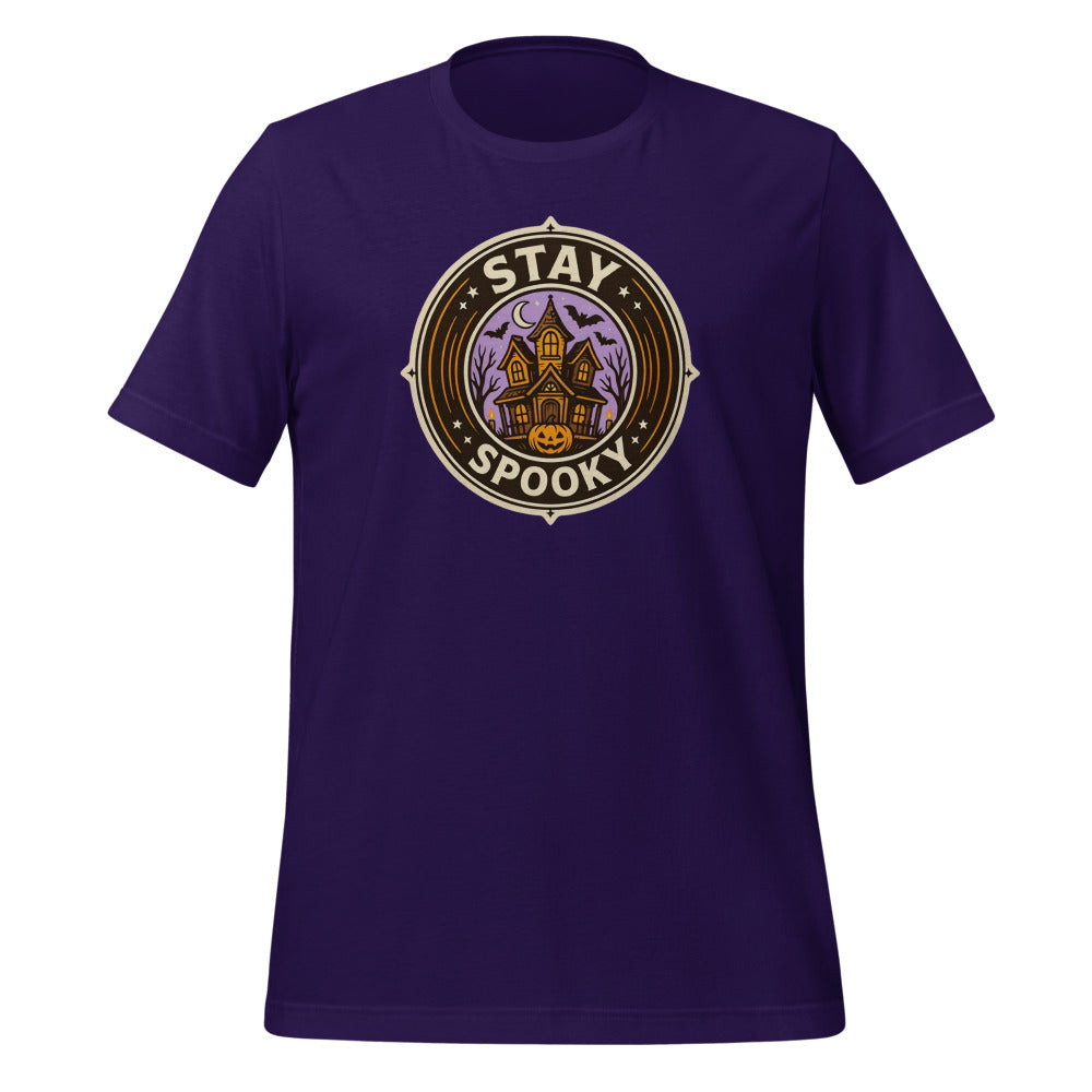 Stay Spooky retro Halloween vintage badge tee — Team Purple, front