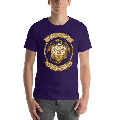 Roll For Initiative d20 dragon tabletop RPG tee — Team Purple, on model