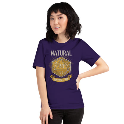 Natural 20 critical hit d20 tabletop RPG tee — Team Purple, on model