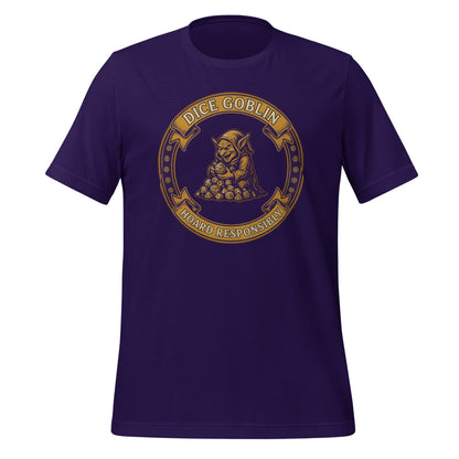 Dice Goblin Hoard Responsibly tabletop RPG tee — Team Purple, front