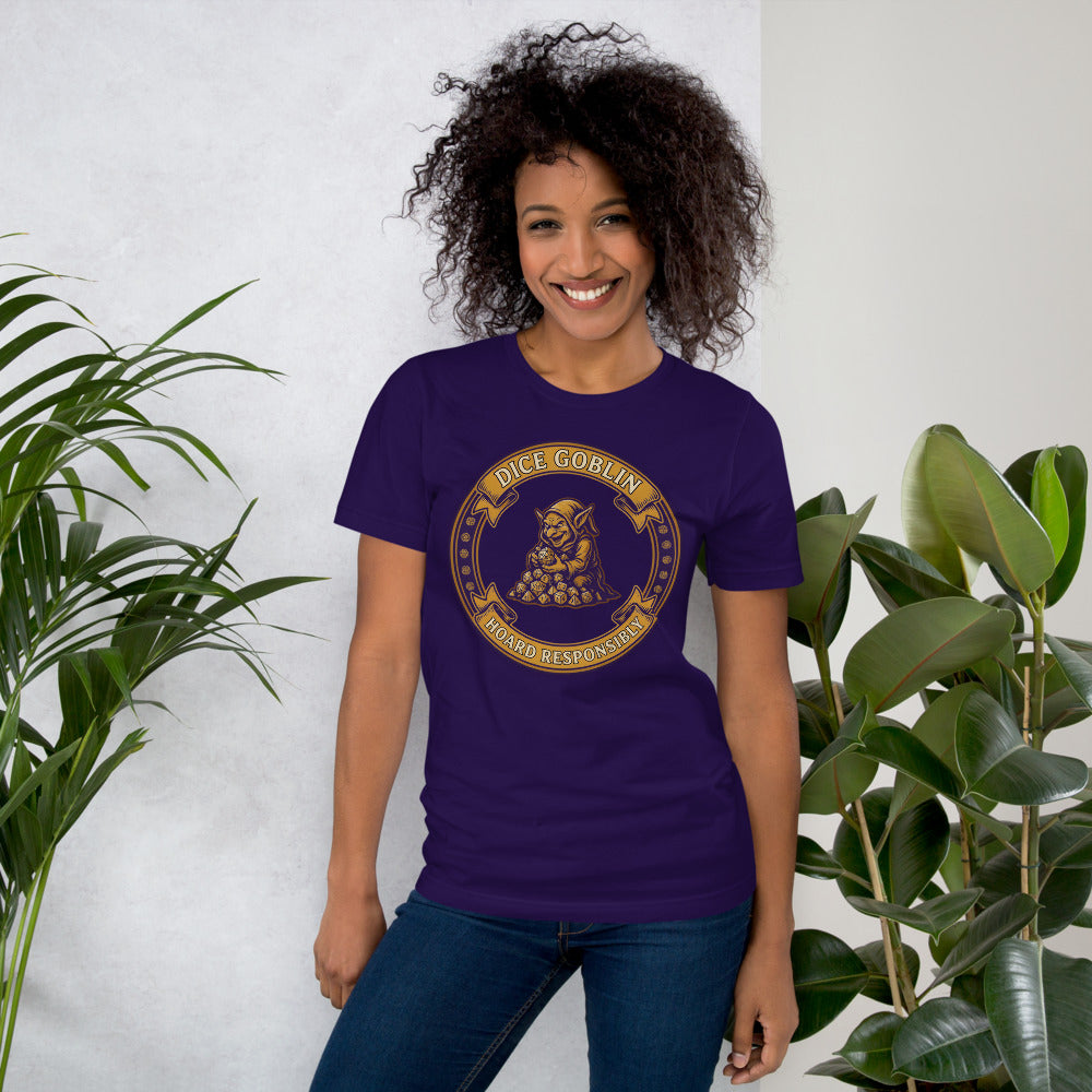 Dice Goblin Hoard Responsibly tabletop RPG tee — Team Purple, on model