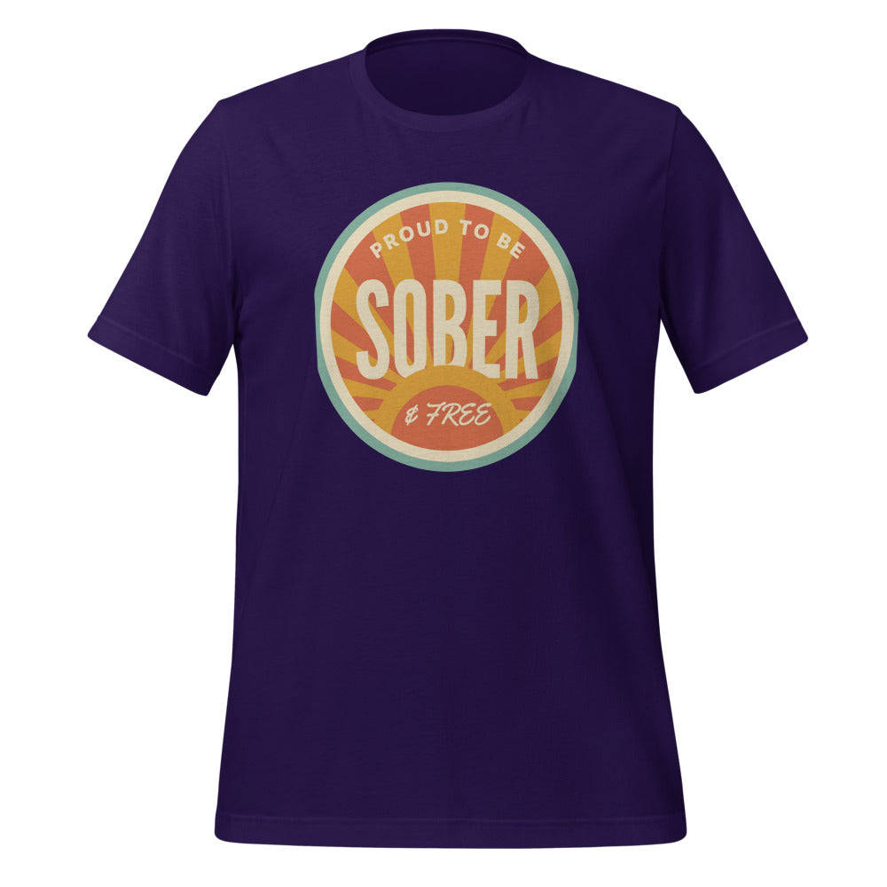 Sober & Proud retro sunburst tee — Team Purple, front