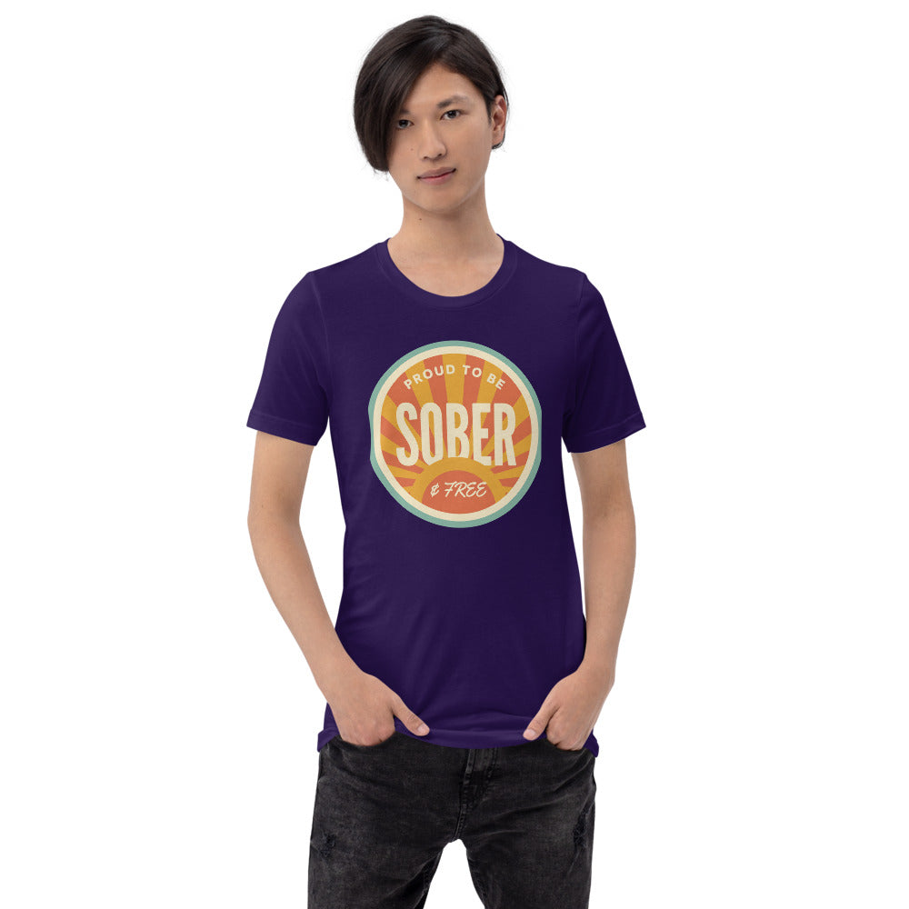 Sober & Proud retro sunburst tee — Team Purple, on model