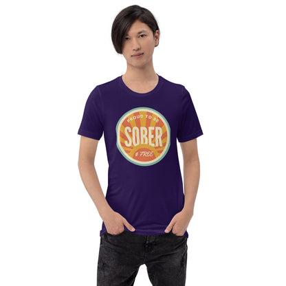 Sober & Proud retro sunburst tee — Team Purple, on model