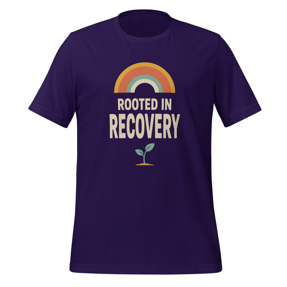 Rooted in Recovery retro rainbow tee — Team Purple, front