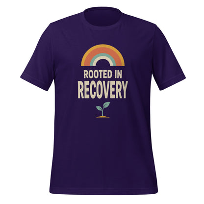 Rooted in Recovery retro rainbow tee — Team Purple, front