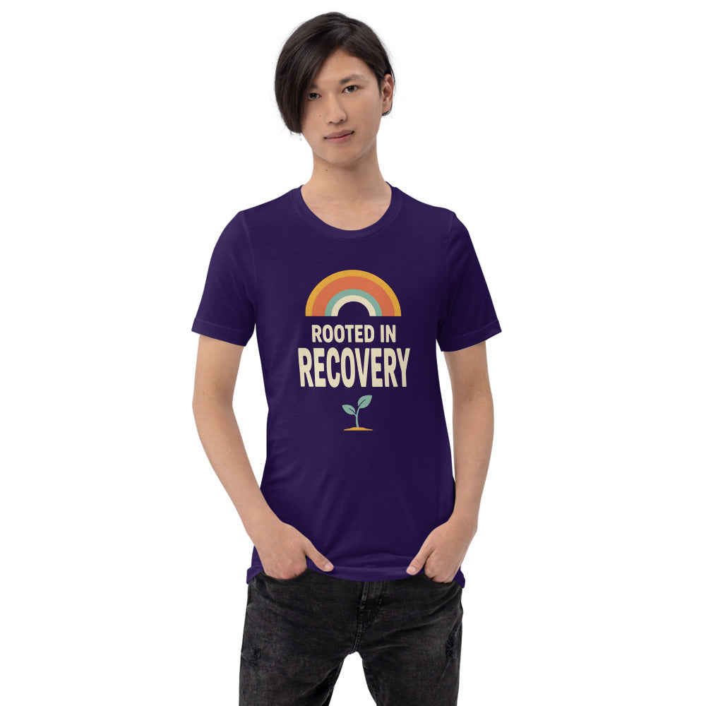 Rooted in Recovery retro rainbow tee — Team Purple, on model