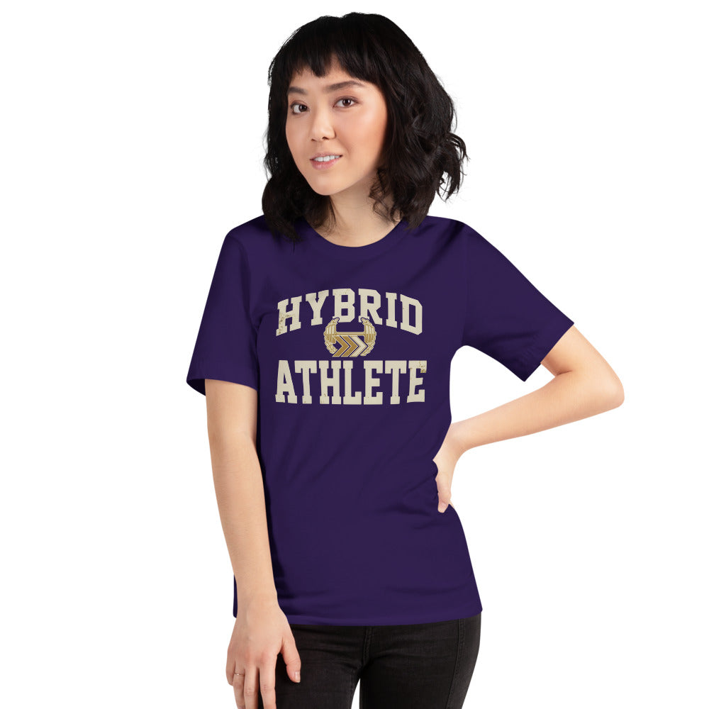 Hybrid Athlete vintage varsity tee — Team Purple, on model