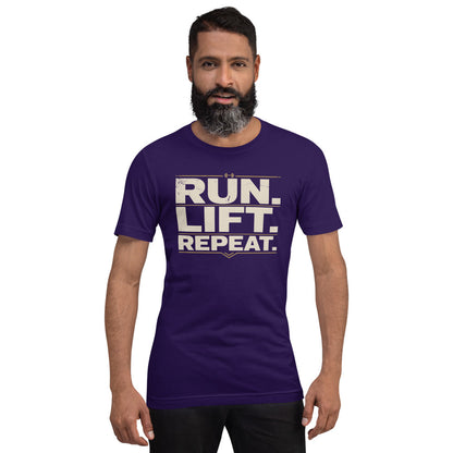 Run Lift Repeat vintage athletic tee — Team Purple, on model