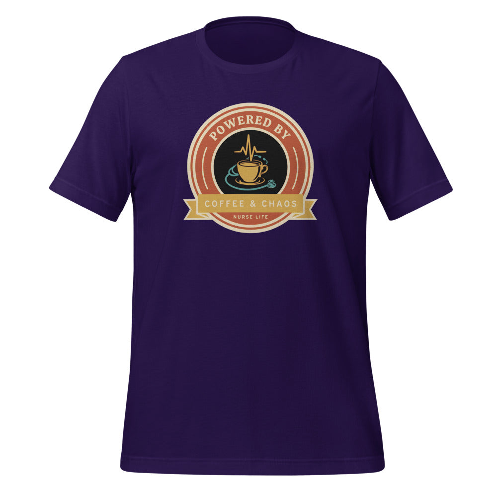 Powered by Coffee & Chaos retro nurse badge tee — Team Purple, front