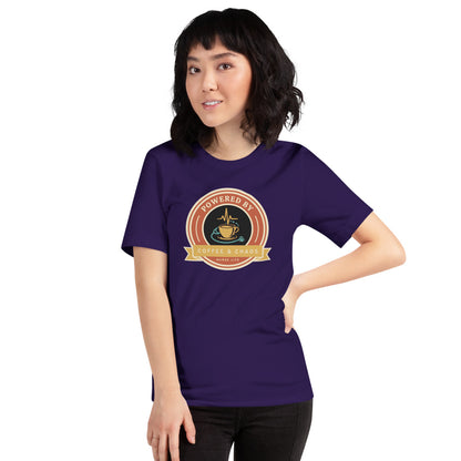 Powered by Coffee & Chaos retro nurse badge tee — Team Purple, on model