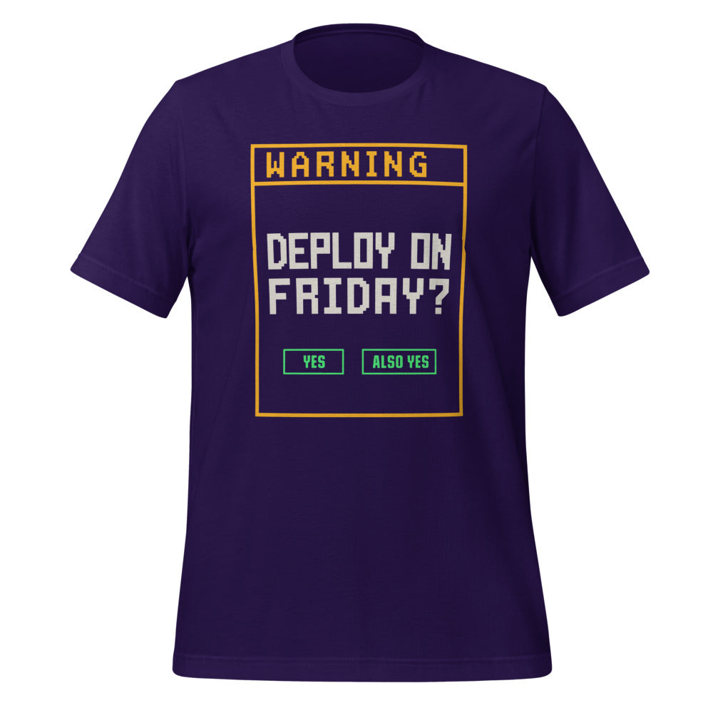 Deploy On Friday programmer tee — Team Purple, front