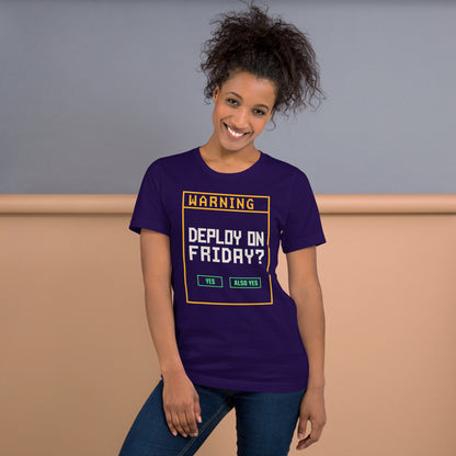 Deploy On Friday programmer tee — Team Purple, on model