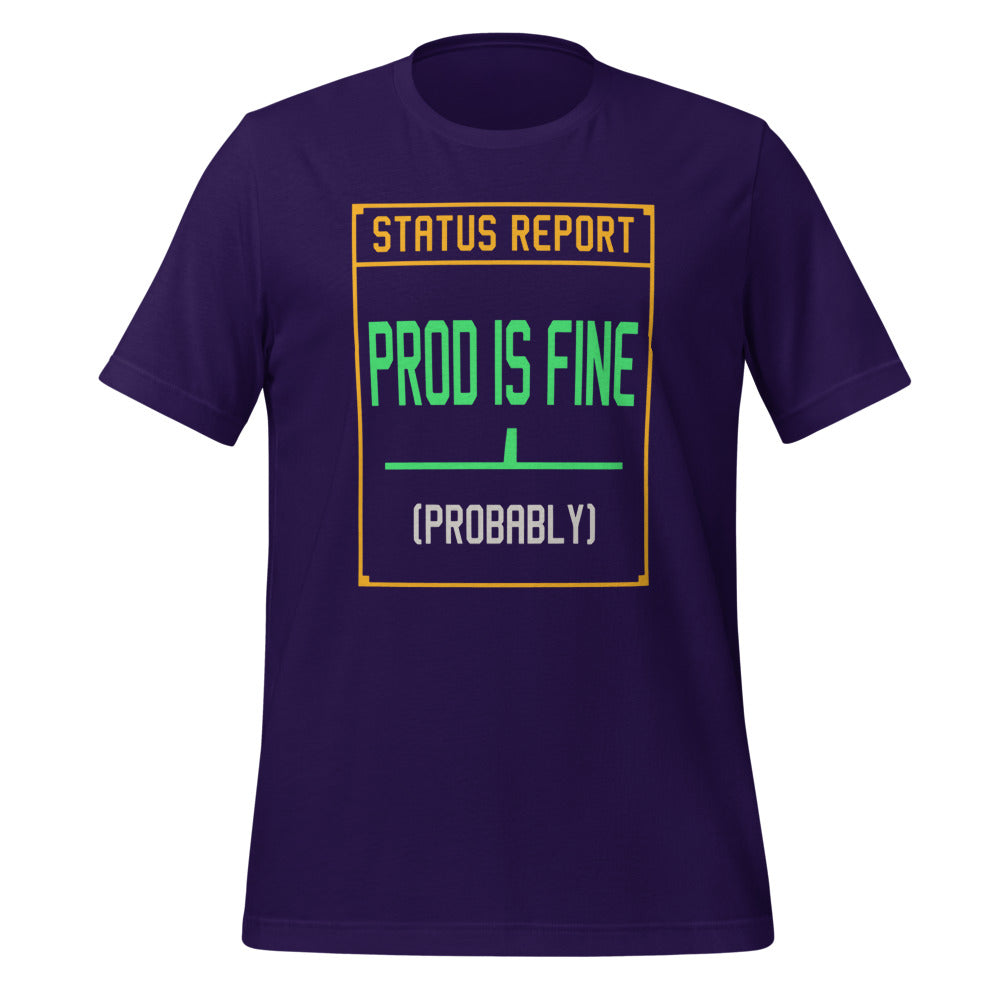Prod Is Fine programmer tee — Team Purple, front