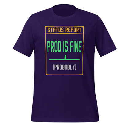 Prod Is Fine programmer tee — Team Purple, front