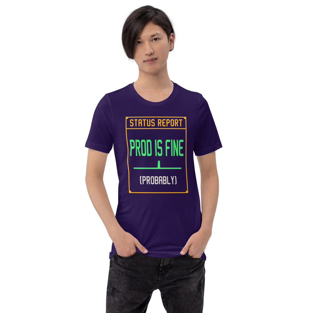 Prod Is Fine programmer tee — Team Purple, on model