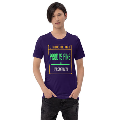 Prod Is Fine programmer tee — Team Purple, on model
