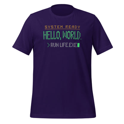 Hello World retro boot screen programmer tee — Team Purple, front