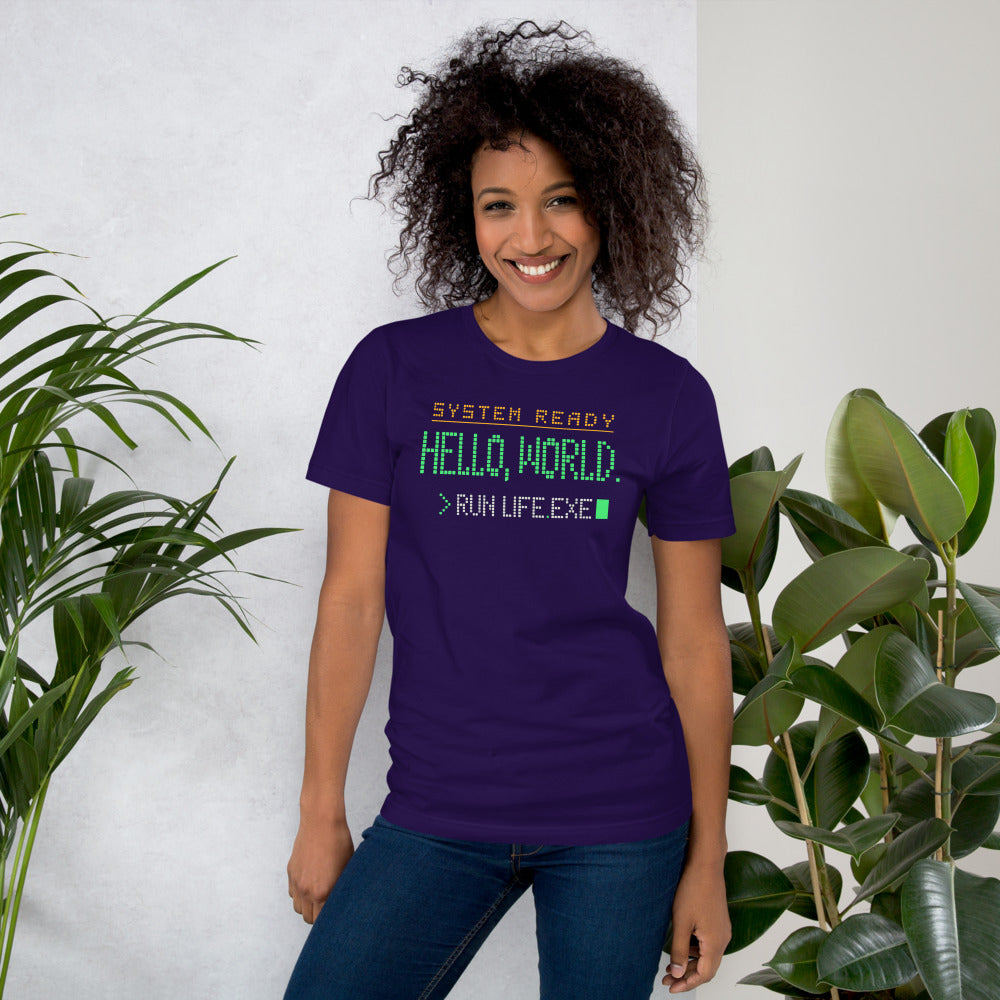 Hello World retro boot screen programmer tee — Team Purple, on model