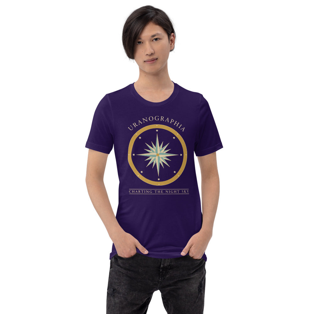 Uranographia vintage celestial chart astronomy tee — Team Purple, on model