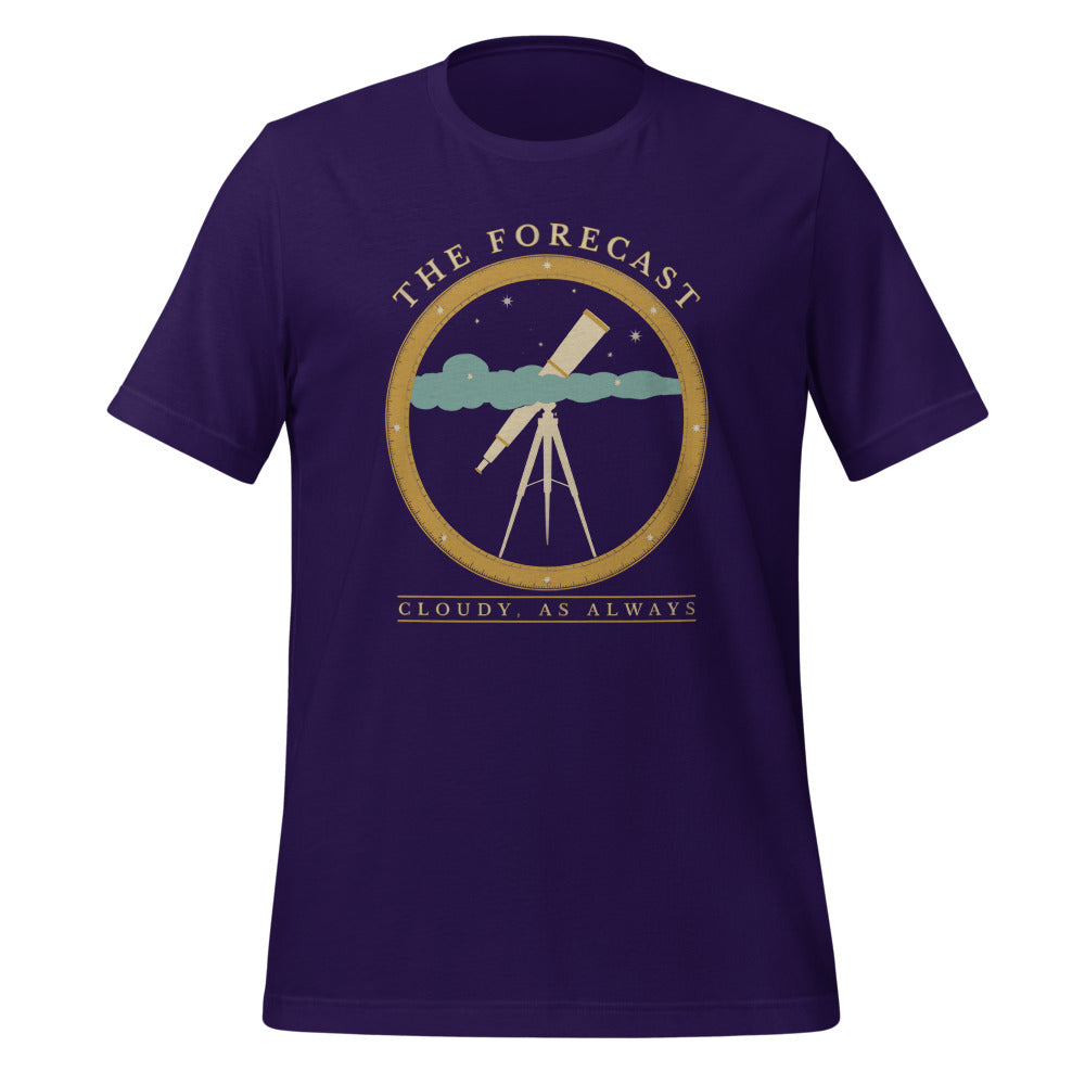 The Forecast Cloudy As Always funny astronomy tee — Team Purple, front