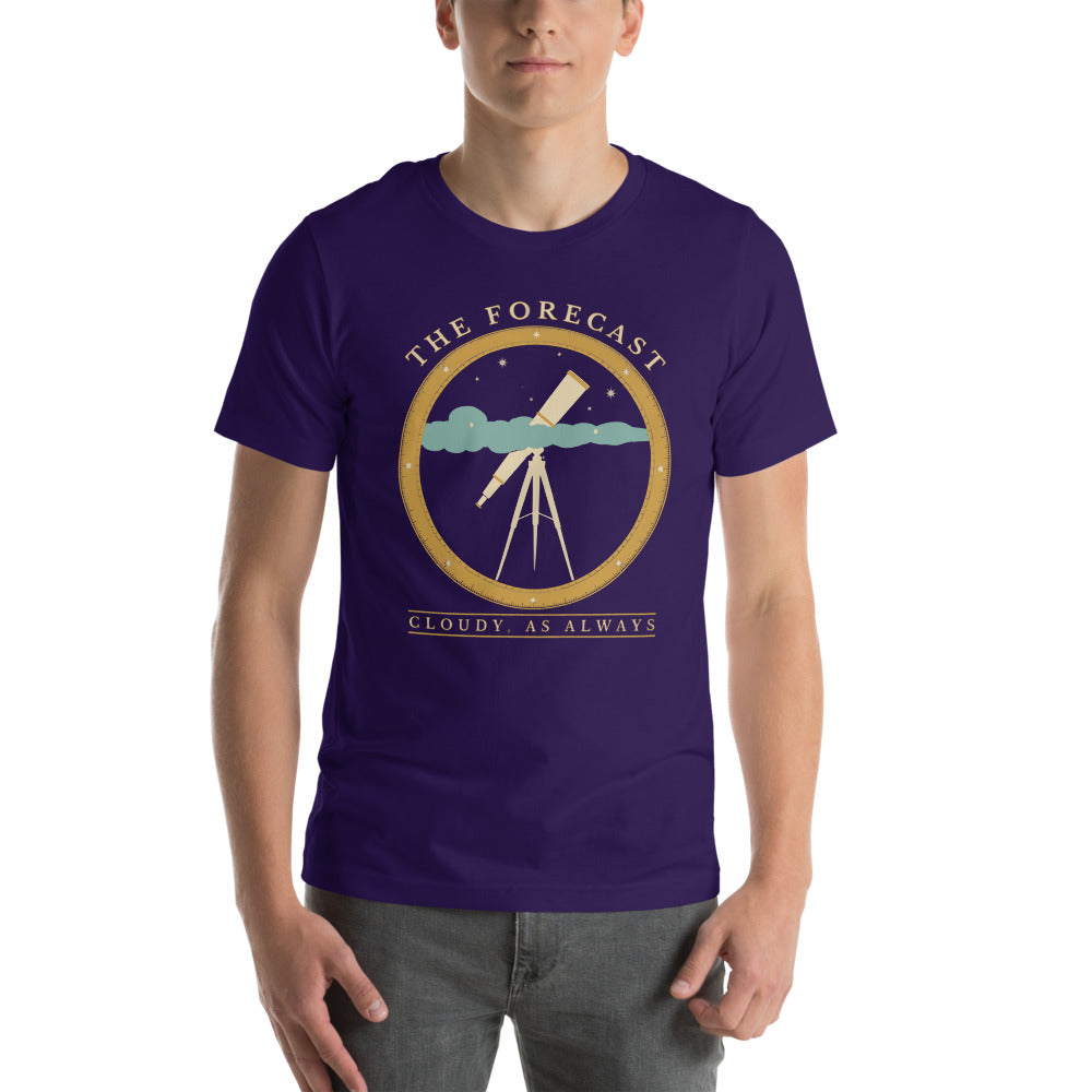 The Forecast Cloudy As Always funny astronomy tee — Team Purple, on model