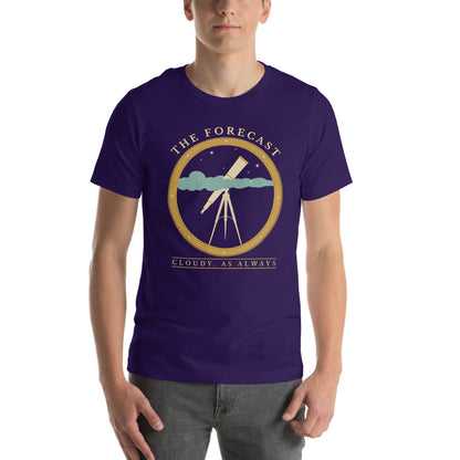 The Forecast Cloudy As Always funny astronomy tee — Team Purple, on model