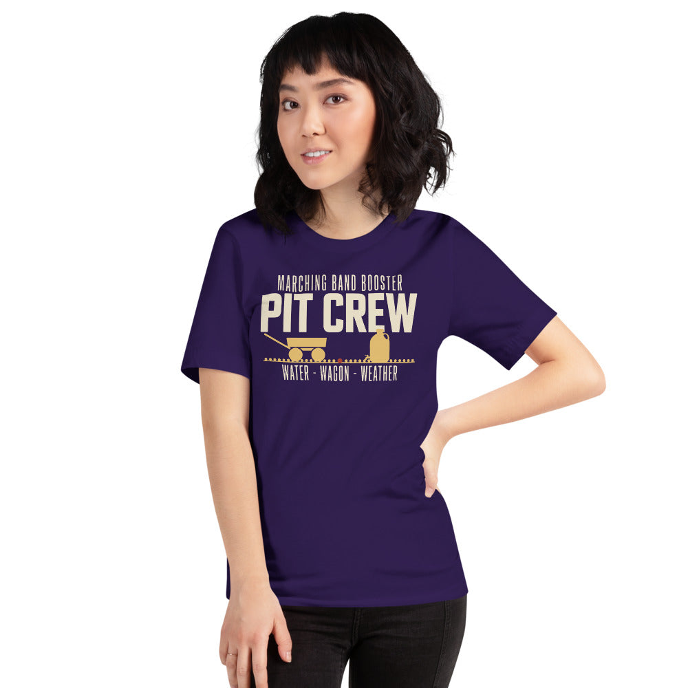 Pit Crew marching band booster t-shirt — Team Purple, on model