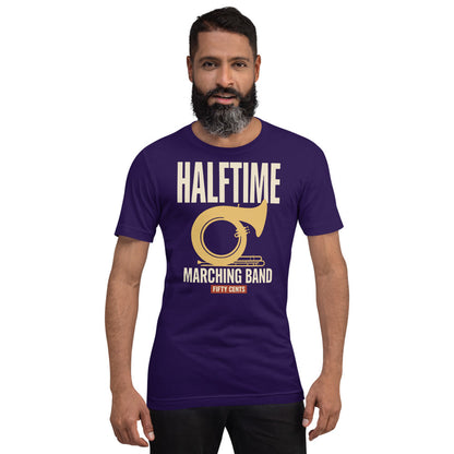 Official Halftime vintage marching band t-shirt — Team Purple, on model