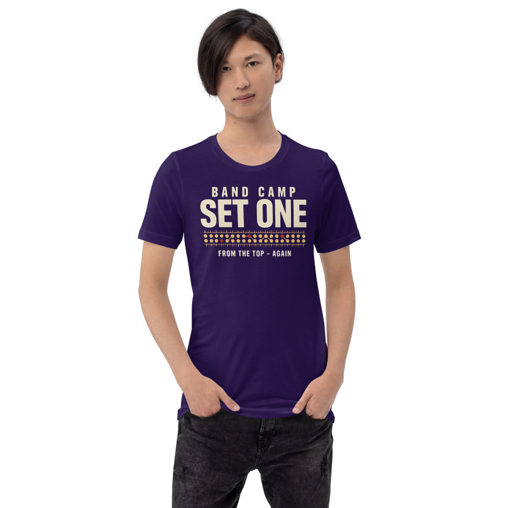 Set One marching band drill chart t-shirt — Team Purple, on model