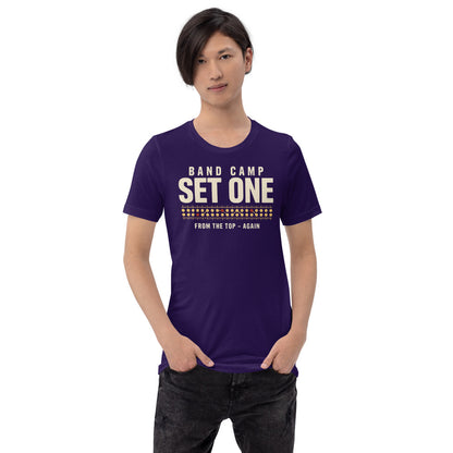 Set One marching band drill chart t-shirt — Team Purple, on model