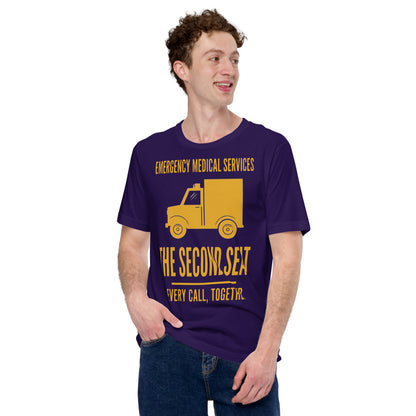 The Second Seat EMS paramedic tee — Team Purple, on model