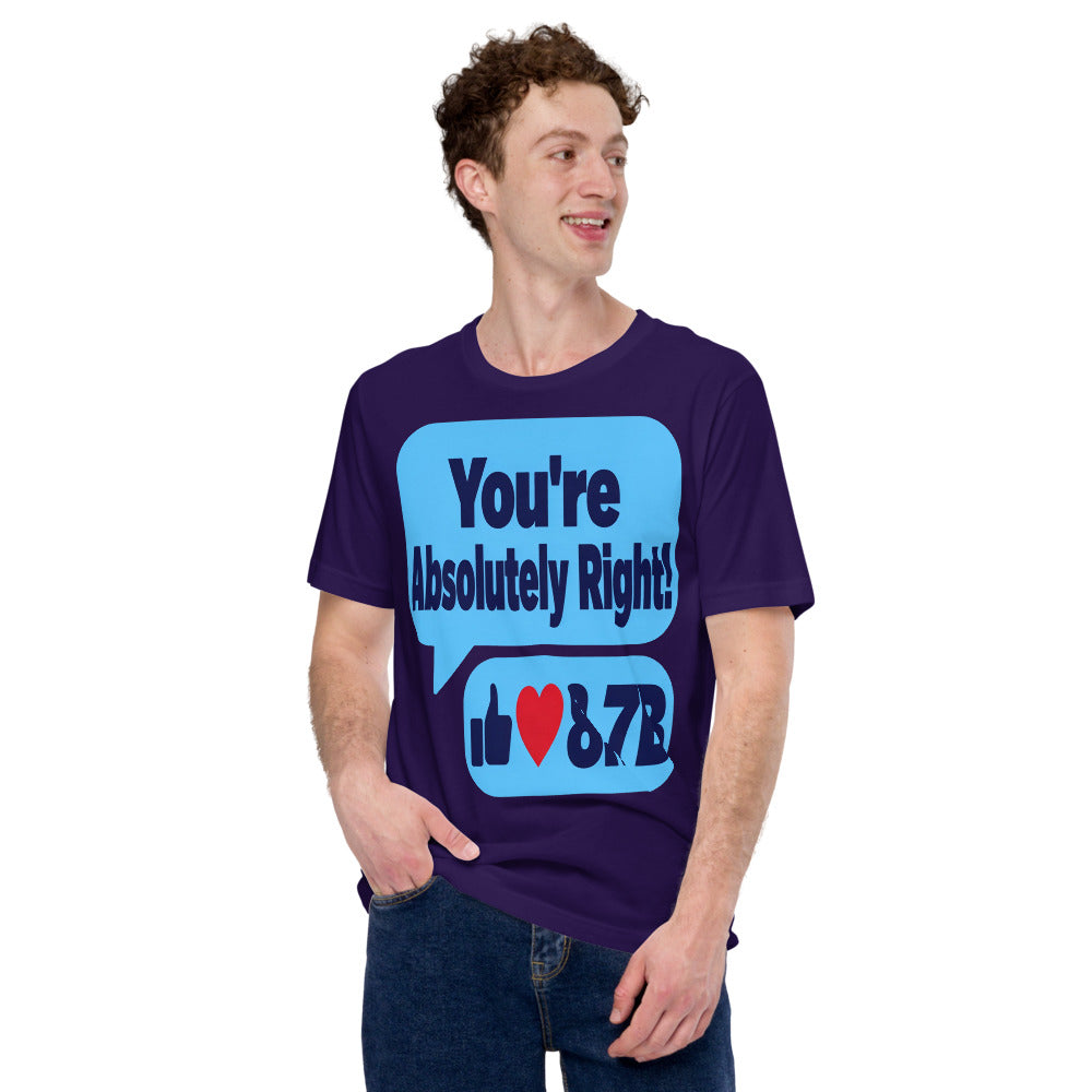 You're Absolutely Right AI unisex t-shirt — Team Purple, on model
