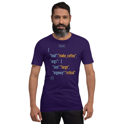 Tool Call Make Coffee AI engineer tee — Team Purple, on model