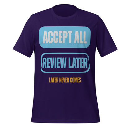 Accept All Review Later tee — Team Purple, front