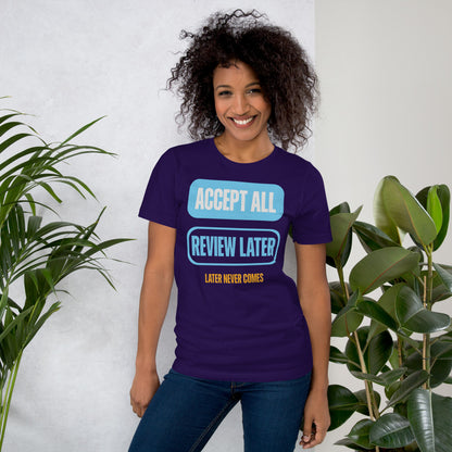 Accept All Review Later tee — Team Purple, on model