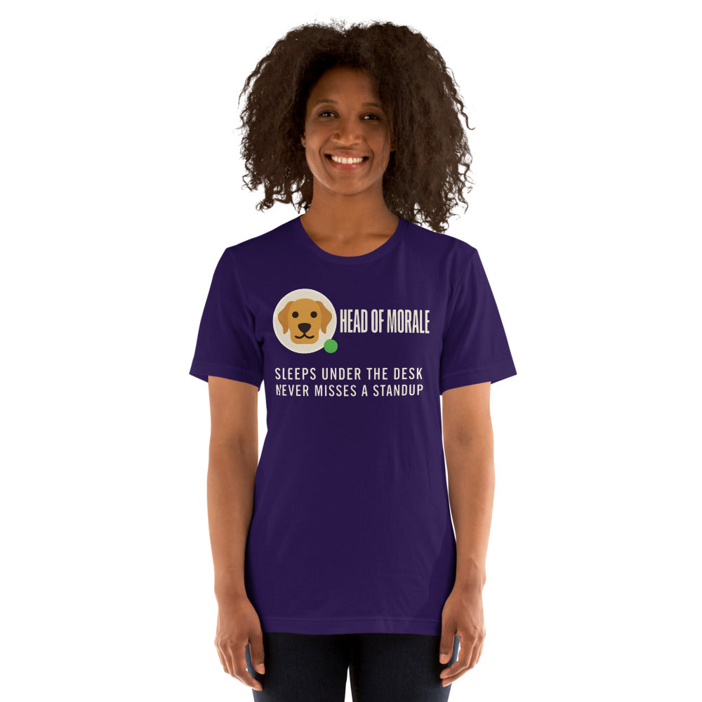 Head of Morale dog profile card unisex t-shirt — Team Purple, on model