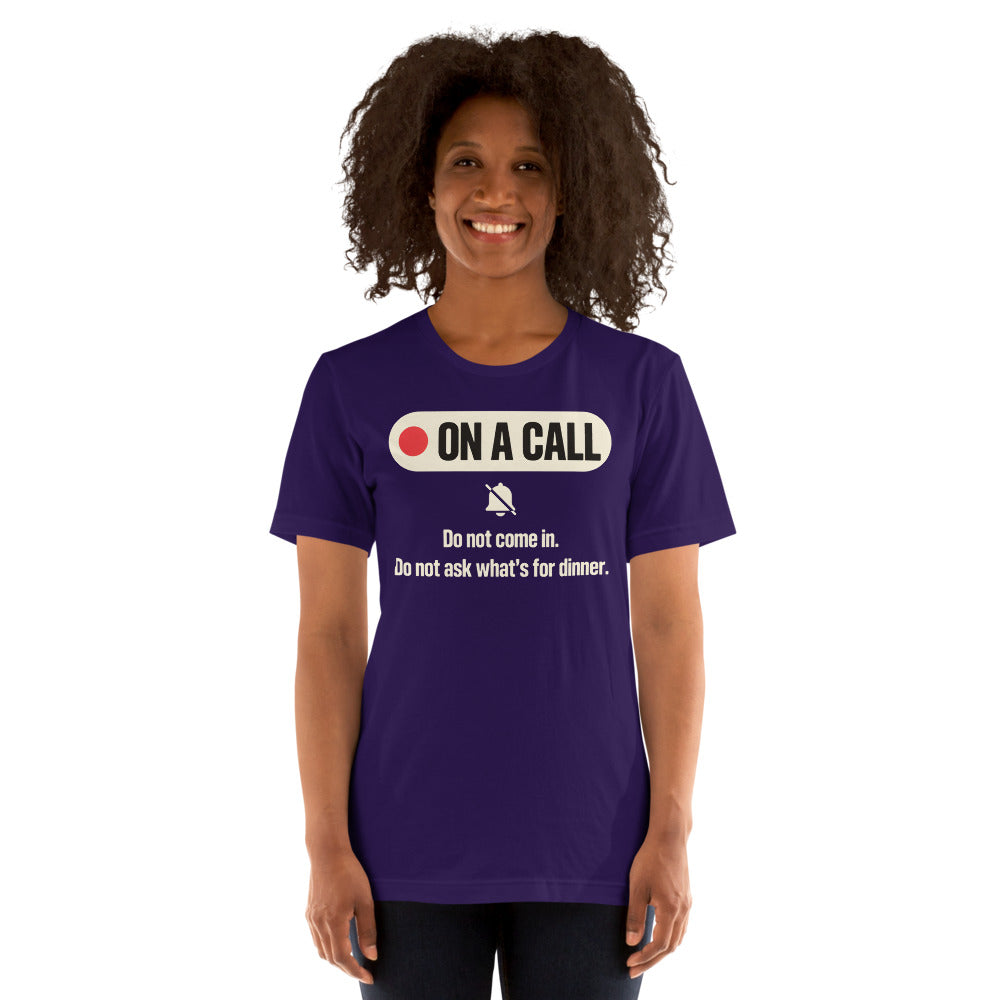 On A Call do not disturb status unisex t-shirt — Team Purple, on model