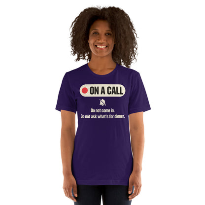 On A Call do not disturb status unisex t-shirt — Team Purple, on model