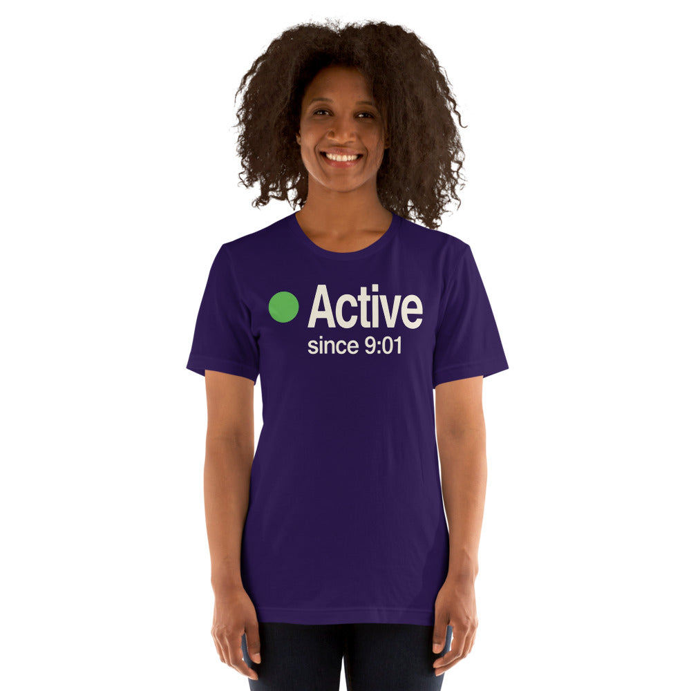 Active Since 9:01 presence status unisex t-shirt — Team Purple, on model