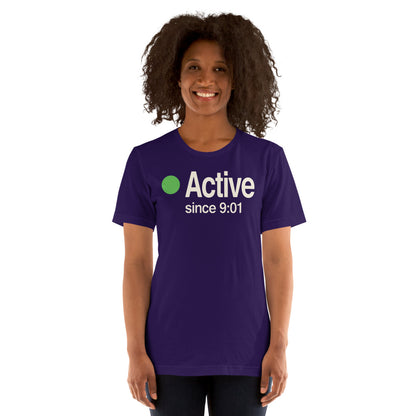 Active Since 9:01 presence status unisex t-shirt — Team Purple, on model