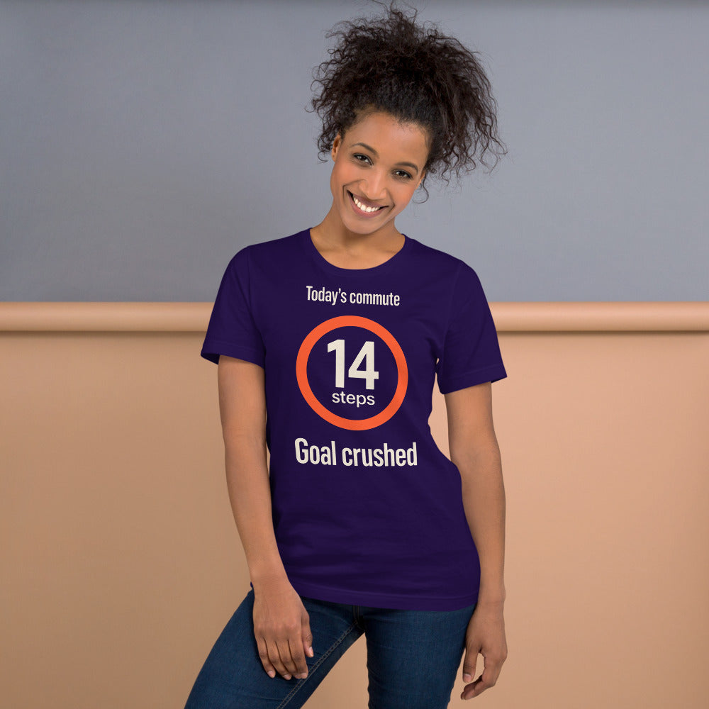 Today's Commute 14 Steps work from home unisex t-shirt — Team Purple, on model