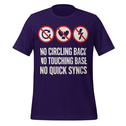 No Circling Back corporate jargon prohibition signs unisex t-shirt — Team Purple, front