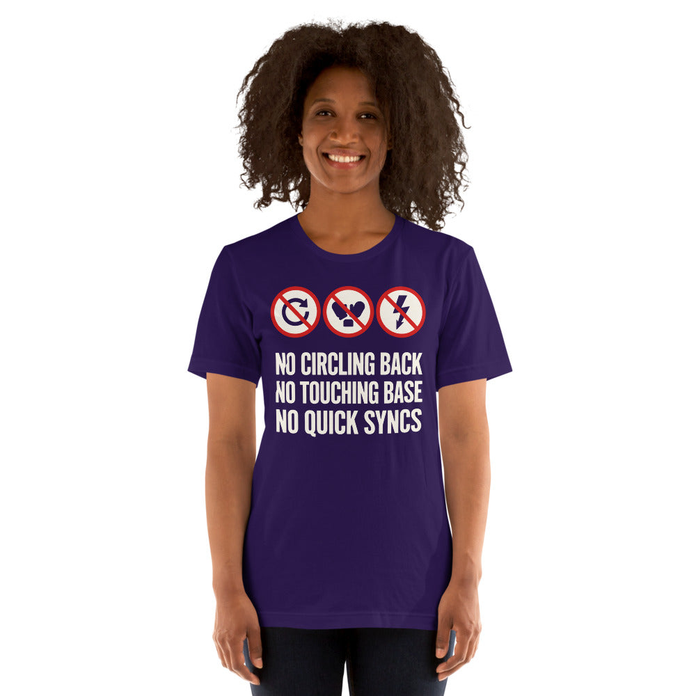 No Circling Back corporate jargon prohibition signs unisex t-shirt — Team Purple, on model