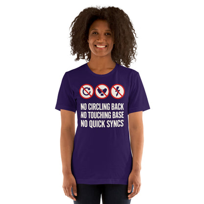 No Circling Back corporate jargon prohibition signs unisex t-shirt — Team Purple, on model