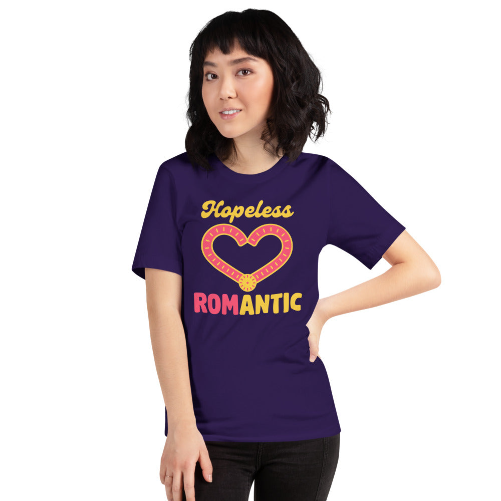 Hopeless ROMantic funny physical therapy tee — Team Purple, on model
