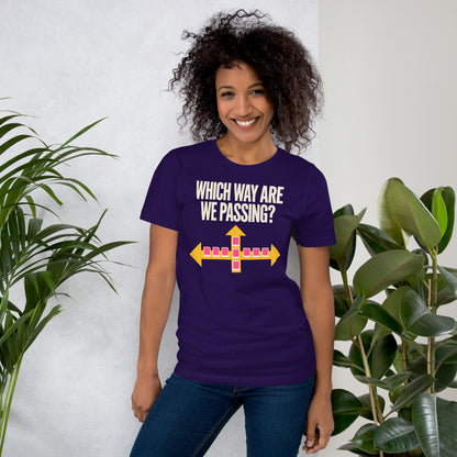 Which Way Are We Passing funny mahjong tee — Team Purple, on model
