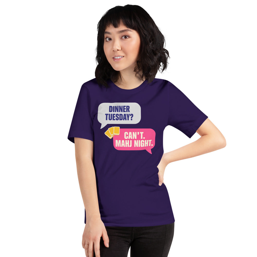 Mahj Night funny mahjong tee — Team Purple, on model