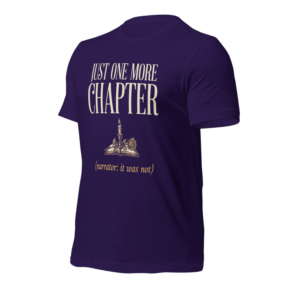 Just One More Chapter book lover dark academia tee — Team Purple, front right